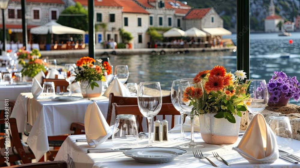 Naklejka premium an elegant dining setup arranged in an outdoor restaurant, offering panoramic views of the bay and historic buildings lining the harbor, creating a picturesque dining experience.