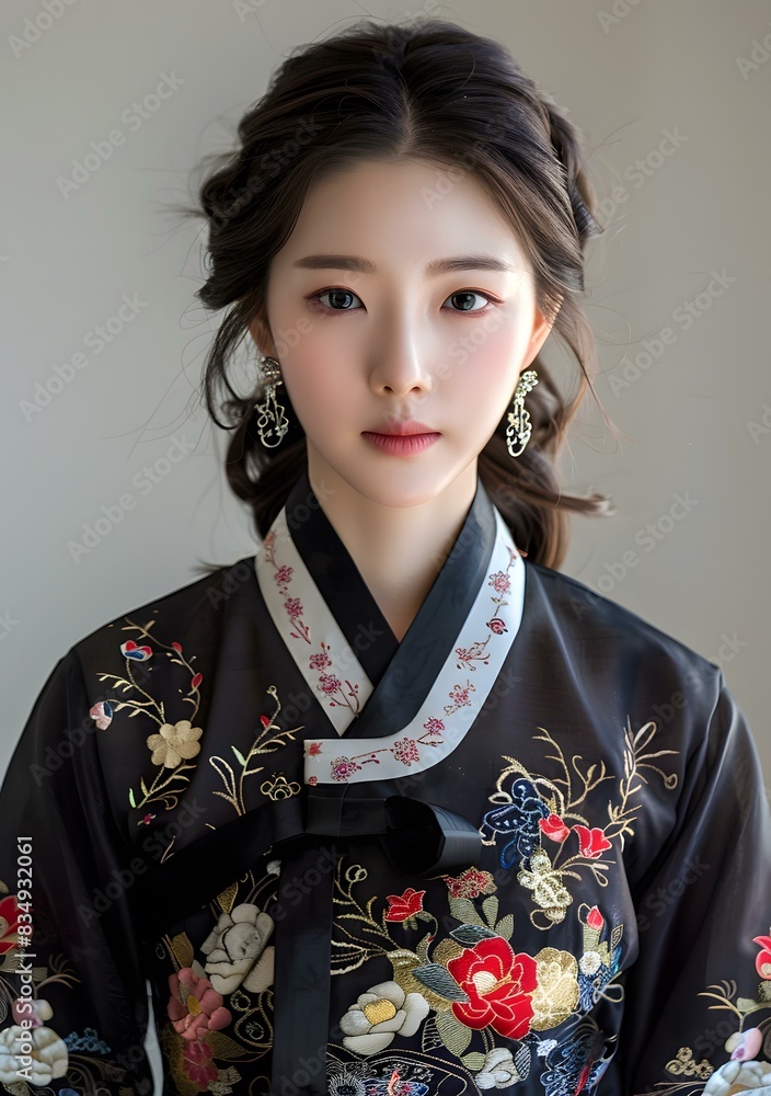 Portrait of a young Korean woman in traditional Korean dress, the hanbok Portrait of a young Korean woman in traditional Korean dress, the hanbok