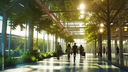 Blurred background of people walking in a modern office building with green trees and sunlight , eco friendly and ecological responsible business concept image with copy space