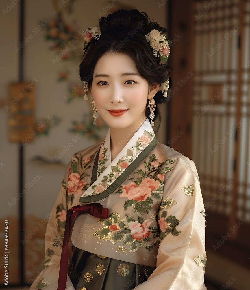 Portrait of a young Korean woman in traditional Korean dress, or Hanbok Portrait of a young Korean woman in traditional Korean dress, or Hanbok