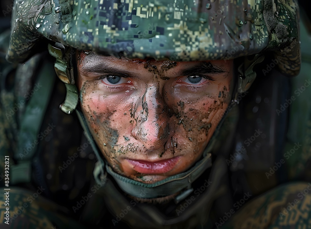 Portrait of a young soldier with blue eyes and a camouflage helmet Portrait of a young soldier with blue eyes and a camouflage helmet