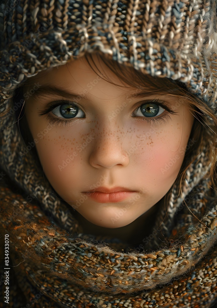 Portrait of a girl with green eyes and freckles wearing a brown and gray knit hat Portrait of a girl with green eyes and freckles wearing a brown and gray knit hat