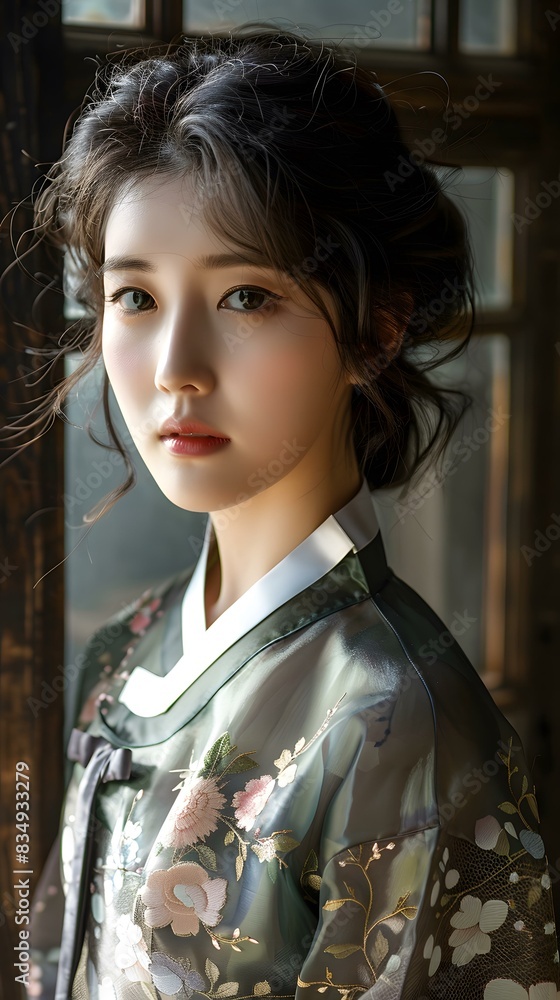Portrait of a young Korean woman in traditional dress, hanbok Portrait of a young Korean woman in traditional dress, hanbok