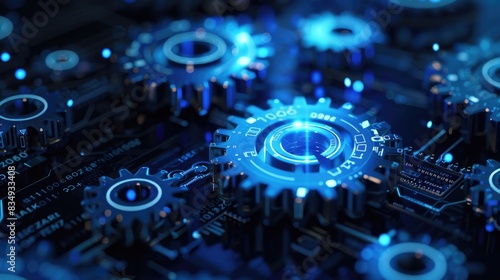 Glowing Blue Early Sized Gears on Dark Background with Digital Binary Code Pattern, Data Processing, Digital Technology Concept 