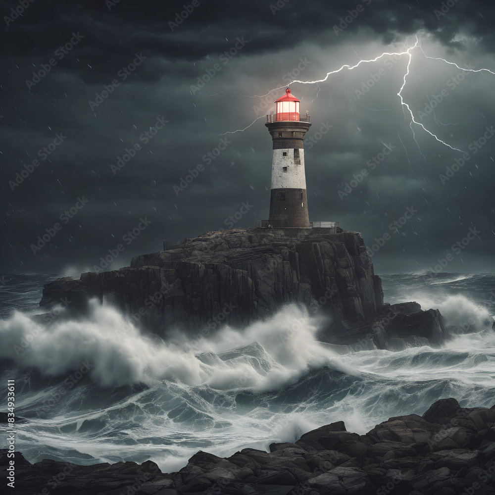 A lonely lighthouse in the middle of a storm on a rocky shore_esrgan