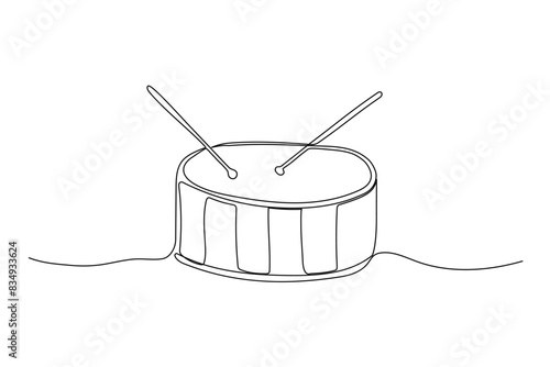 One line drawing drum with two sticks. Musical instrument sketch. Continuous drum baby toys vector illustration