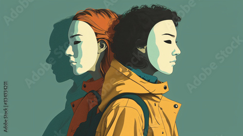 Two women wearing masks , Insincere Concept. photo