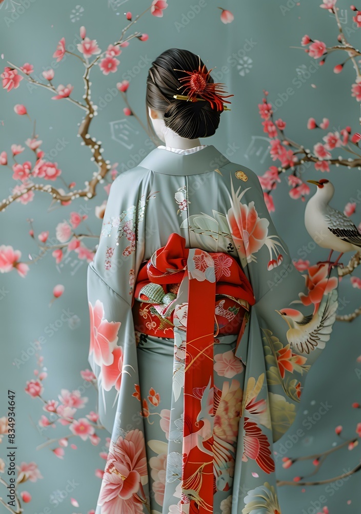 Naklejka premium A woman wearing a kimono with a floral pattern and a red obi