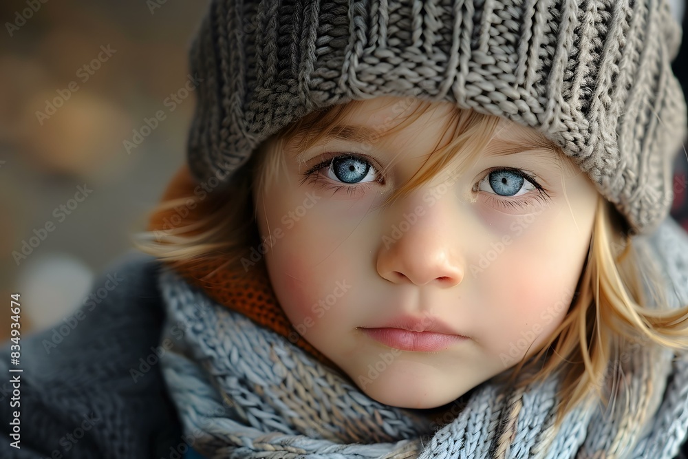 Portrait of a young child wearing a gray beanie and scarf Portrait of a young child wearing a gray beanie and scarf