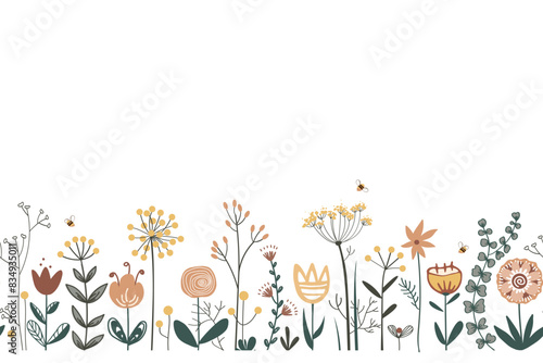 Fairy flowers border, seamless vector pattern. Repeating doodle flower meadow background. Scandinavian folk style. Vector for fabric, cards, wallpaper