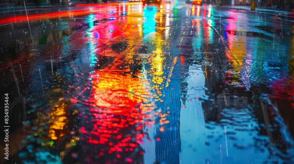 Obraz premium A traffic light reflected in a rain-soaked street, with colorful streaks of light and reflections creating an artistic urban scene.