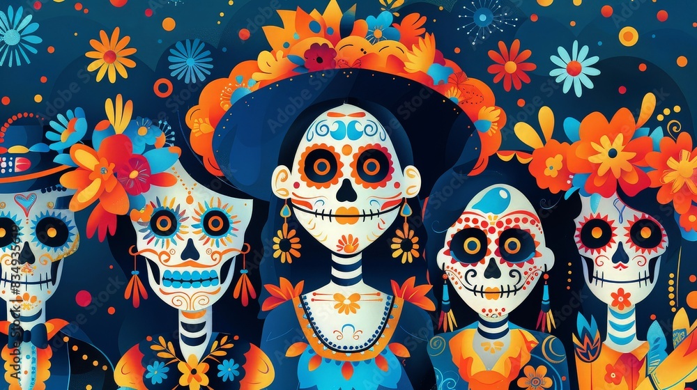 Colorful Dia de los Muertos illustration featuring sugar skulls adorned with flowers and traditional decorations celebrating Mexican heritage. Colorful Dia de los Muertos illustration featuring sugar skulls adorned with flowers and traditional decorations celebrating Mexican heritage.