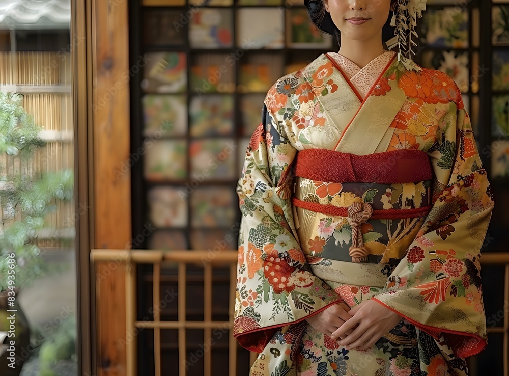 A Japanese woman wearing a kimono is standing in a traditional Japanese room. A Japanese woman wearing a kimono is standing in a traditional Japanese room.