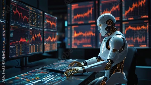 In front of the table, a robot sits with a computer screen in front of it. The screen displays data from the stock market