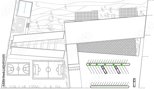 Vector illustration sketch of architectural engineering design drawing, site plan layout, green park landscape in the middle of the city