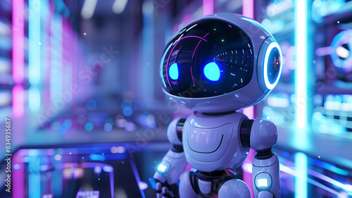 Adorable Futuristic Robot in Neon-Lit High-Tech Environment