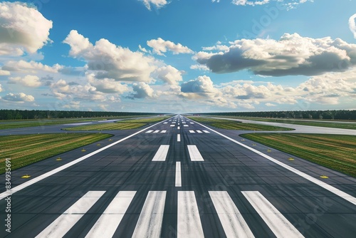 Wide view of an empty airport runway under a blue sky with clouds, ready for takeoff or landing in clear weather conditions.