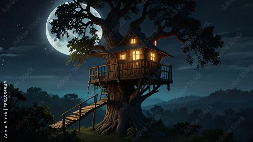 banyan tree and tree house under the full moon night sky. seamless looping 4k video banyan tree and tree house under the full moon night sky. seamless looping 4k video