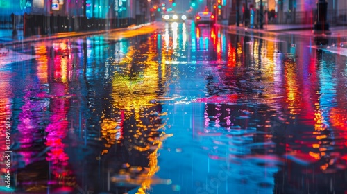 A traffic light reflected in a rain-soaked street, with colorful streaks of light and reflections creating an artistic urban scene.
