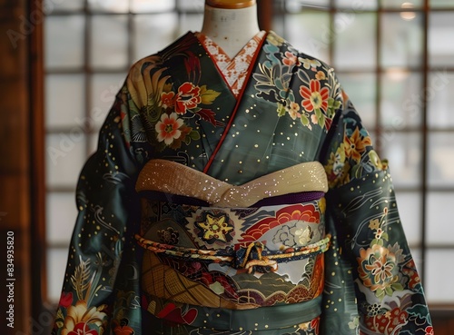 A kimono with a floral pattern and a golden obi.
