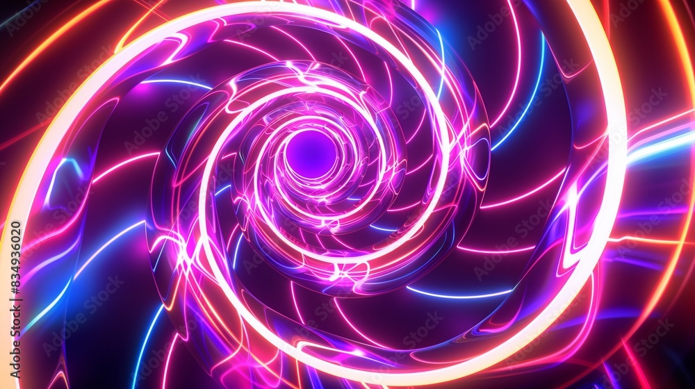 A hypnotic 3D abstract visualization featuring neon light spirals wrapping around each other, generating a stunning interplay of colors and glowing effects. A hypnotic 3D abstract visualization featuring neon light spirals wrapping around each other, generating a stunning interplay of colors and glowing effects.