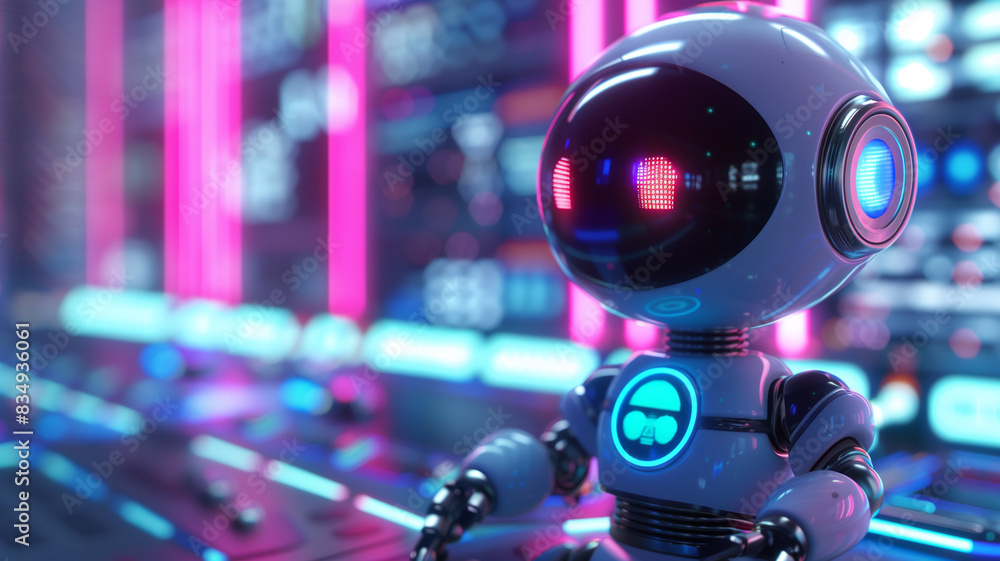 Fototapeta premium Futuristic Robot in a High-Tech Neon-Lit Environment