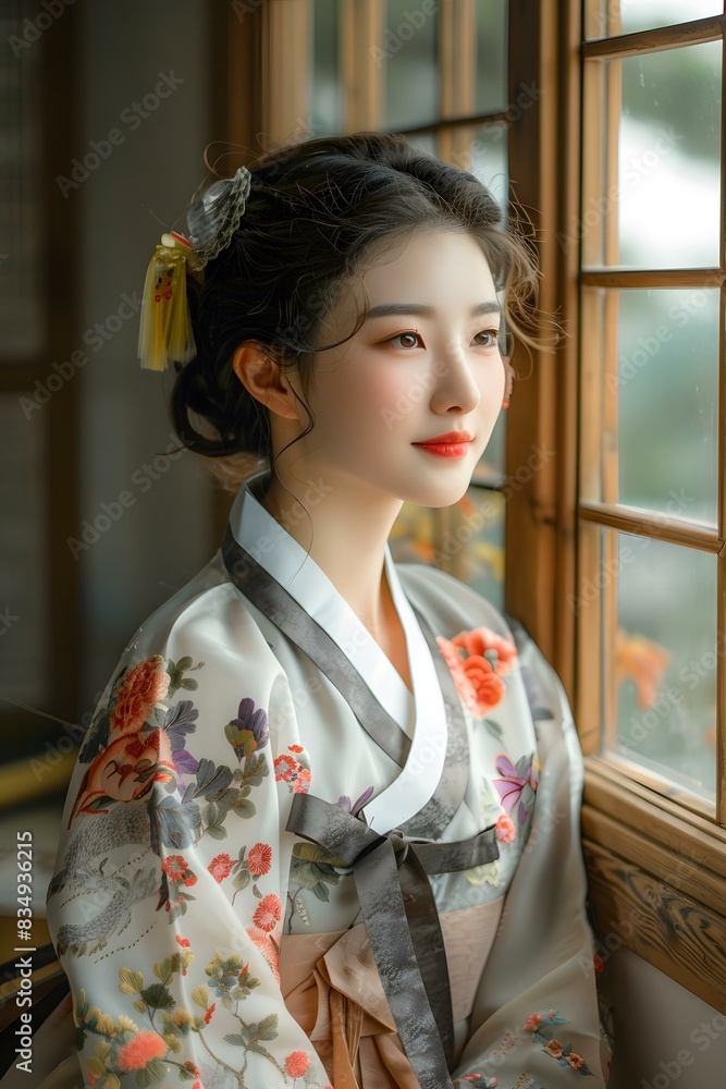 A beautiful young woman in a traditional Korean dress, or Hanbok, is sitting by the window and looking outside. A beautiful young woman in a traditional Korean dress, or Hanbok, is sitting by the window and looking outside.