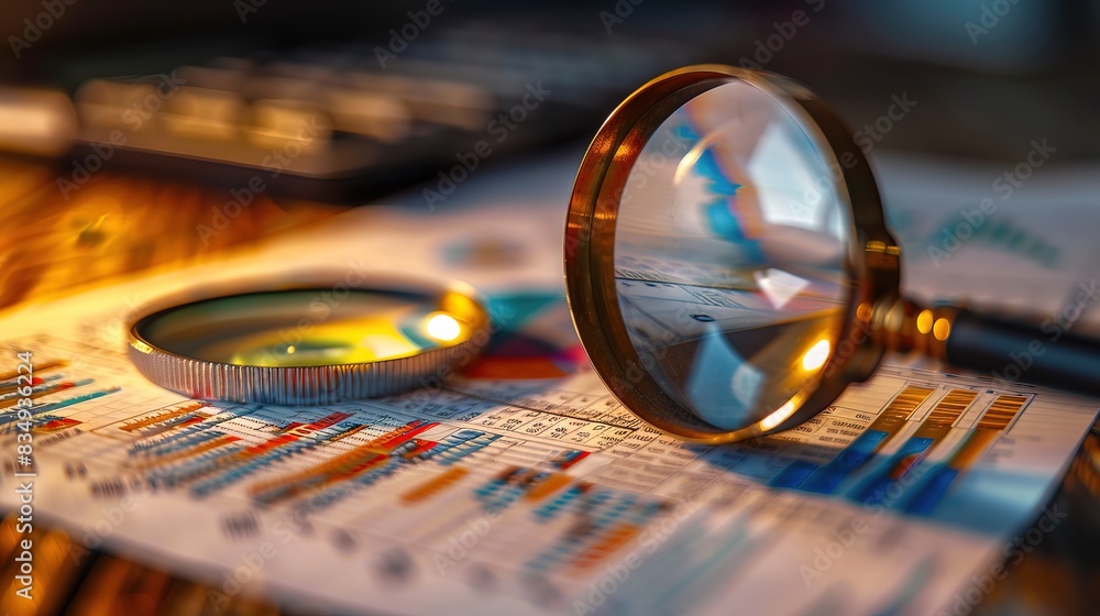 magnifying glass and diagrams on the background, business concept magnifying glass and diagrams on the background, business concept