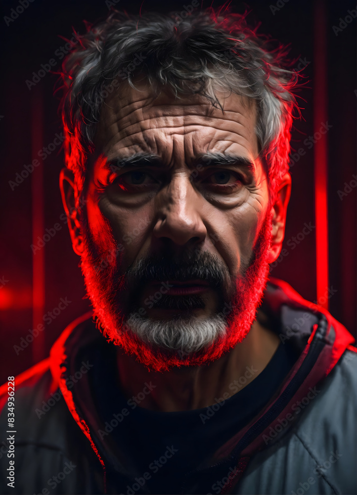 Middle age man scary angry serious facial expression, red light reflection on face, old beard guy aggressive hostile look and offensive eyes Middle age man scary angry serious facial expression, red light reflection on face, old beard guy aggressive hostile look and offensive eyes