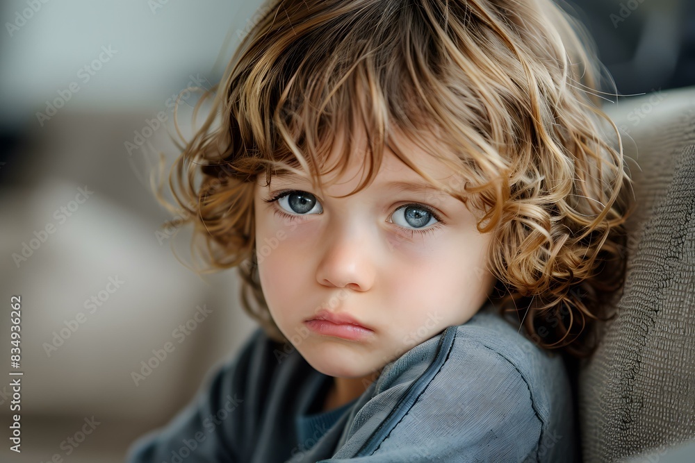 Portrait of a cute caucasian boy with curly blond hair and blue eyes looking at the camera with a serious expression Portrait of a cute caucasian boy with curly blond hair and blue eyes looking at the camera with a serious expression