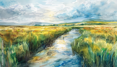 A painting of a field with a river running through it