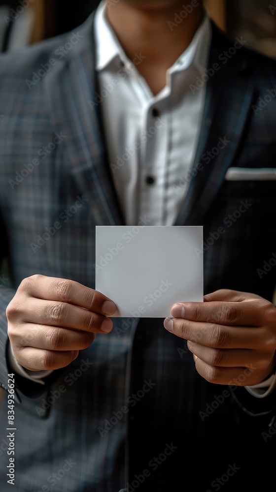 Man in suit holding blank card, Businessman with card, Formal wear with card, Elegant man with blank paper card, Hands holding card Man in suit holding blank card, Businessman with card, Formal wear with card, Elegant man with blank paper card, Hands holding card