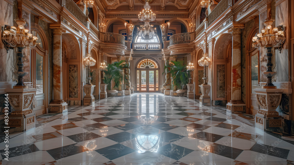 Obraz premium Opulent Grand Foyer with Marble Floors and Elegant Chandeliers
