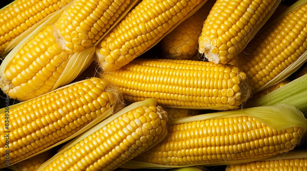 A closeup image showcasing the detailed texture of ripe yellow corn on the cob, sweet and flavorful, perfect for a corn concept. A closeup image showcasing the detailed texture of ripe yellow corn on the cob, sweet and flavorful, perfect for a corn concept.