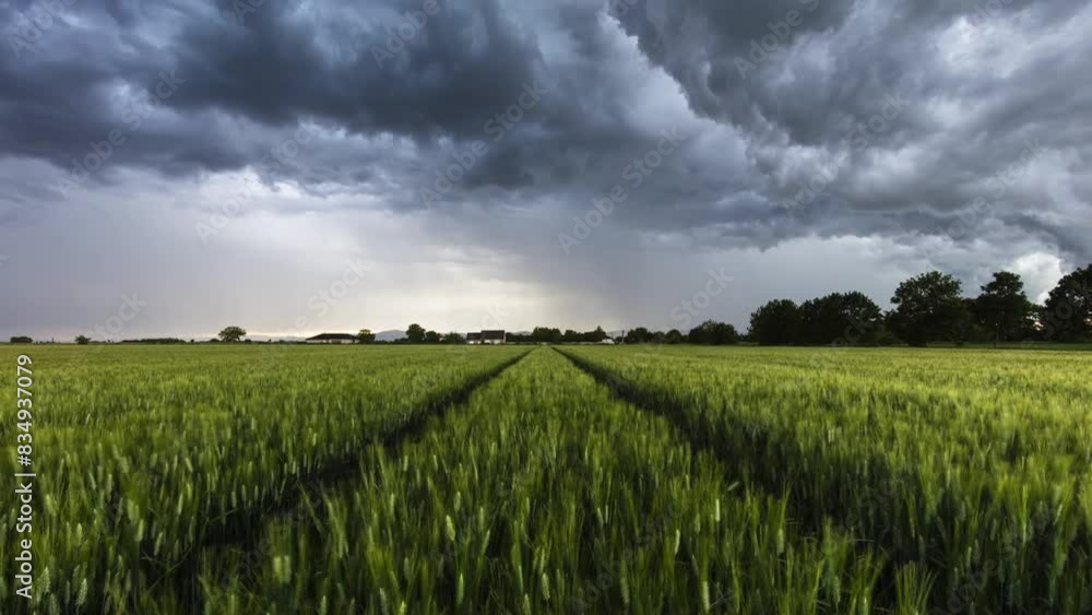Time lapse of Storm with dark clouds over green wheat field landscape Time lapse of Storm with dark clouds over green wheat field landscape