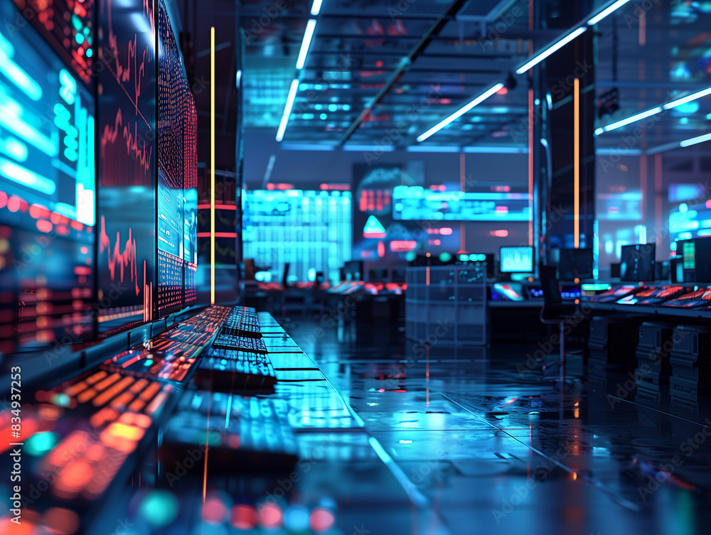 A holographic projection of a stock exchange trading floor in a financial firm, business, holograms, blurred background, with copy space A holographic projection of a stock exchange trading floor in a financial firm, business, holograms, blurred background, with copy space