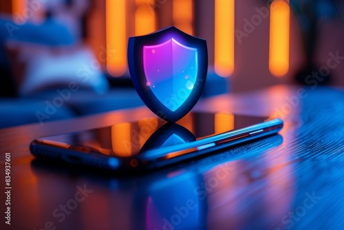 Cybersecurity shield protecting smartphone in a modern home setting