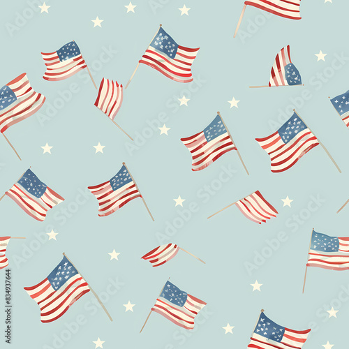 Simple Drawing of Scattered Real American Flags on Blue Background - Patriotic Illustration