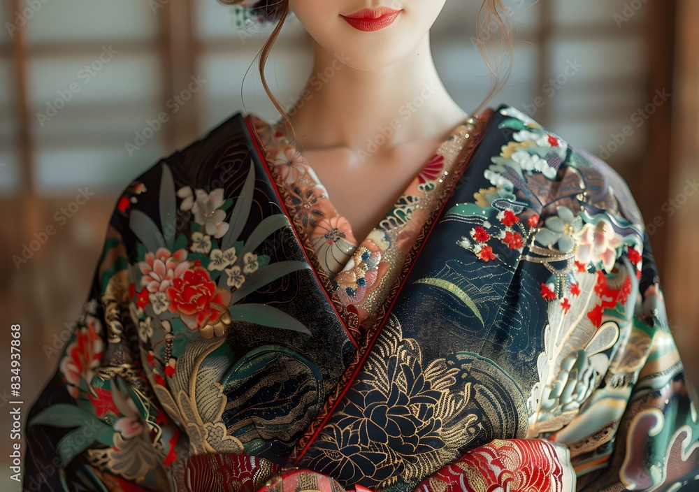 Close-up of a woman wearing a kimono with traditional Japanese floral patterns Close-up of a woman wearing a kimono with traditional Japanese floral patterns