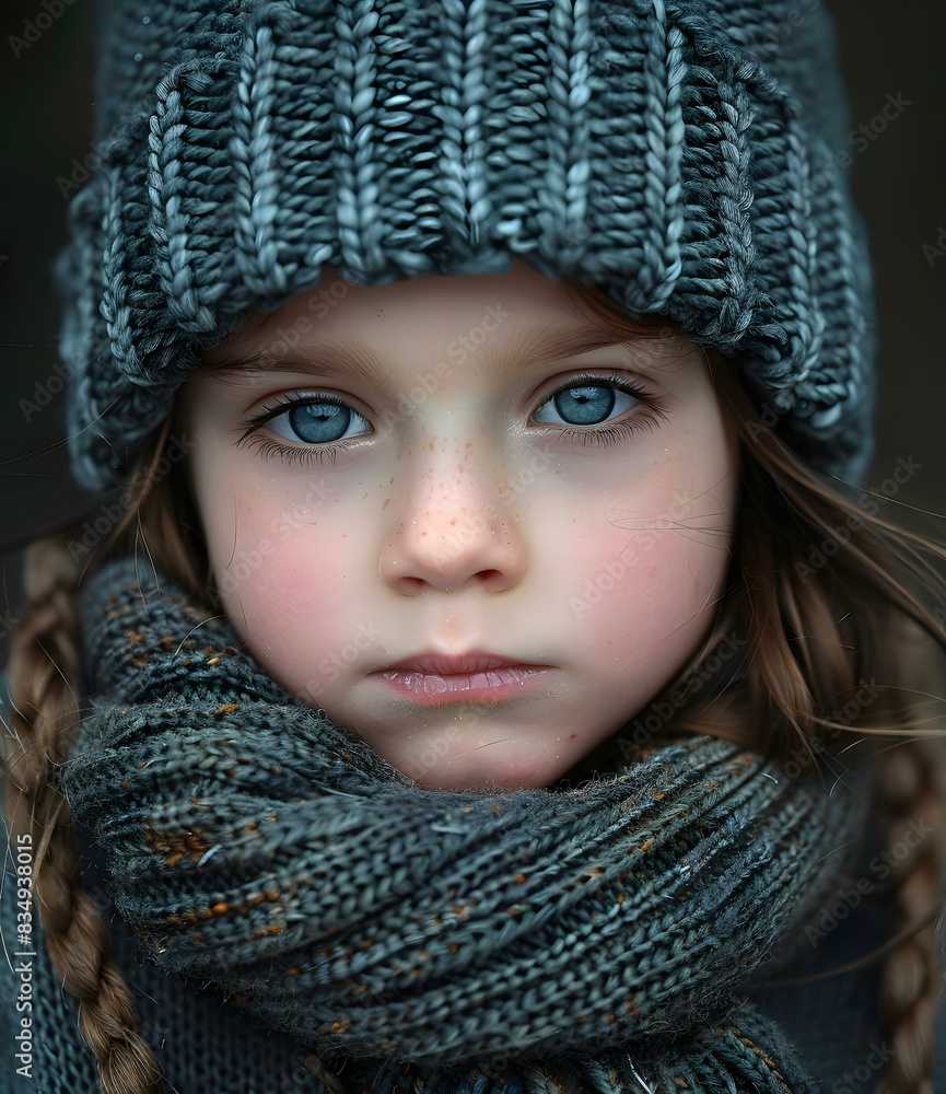Portrait of a girl in a gray knitted hat and scarf Portrait of a girl in a gray knitted hat and scarf