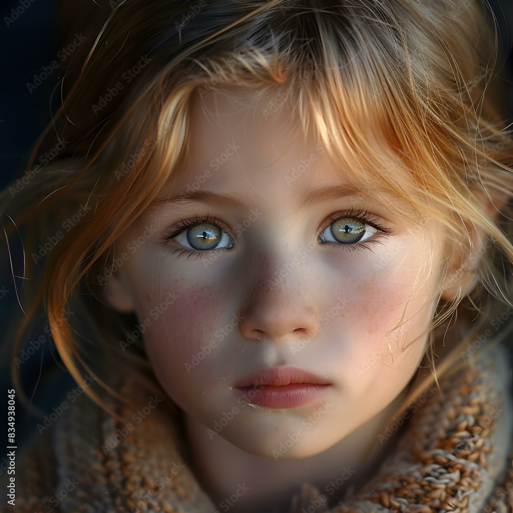 A close-up portrait of a blonde girl with green eyes A close-up portrait of a blonde girl with green eyes