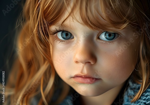 A close-up portrait of a little red-haired girl