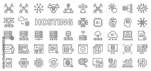 HostingHosting business, in line design. Hosting, Business, Server, Cloud, Web, Internet, Data on white background vector. Hosting business editable stroke icons.