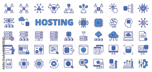 HostingHosting business, in line design, blue. Hosting, Business, Server, Cloud, Web, Internet, Data on white background vector. Hosting business editable stroke icons.