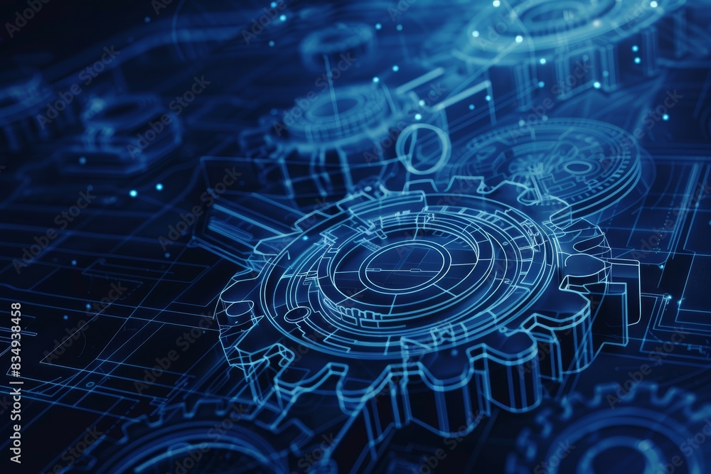 Fototapeta premium Precision and Progress: Blue Wireframe Gears in a Seamless Mechanical Array