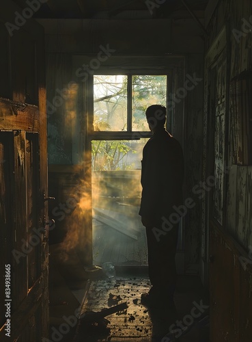 Silhouetted Man Standing in Abandoned Room © Adobe Contributor