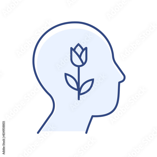 Fresh thoughts concept. Linear Pictogram silhouette of a human face with flower isolated on white background