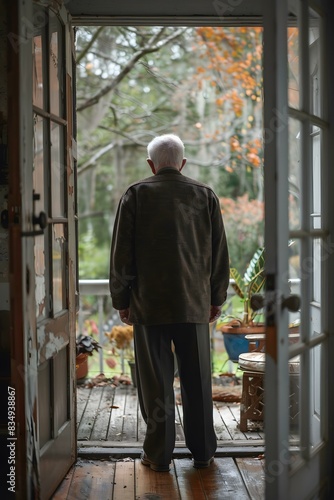 An old man standing alone in a doorway looking out at the woods