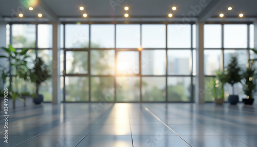 blurred background of a light modern office interior with panoramic windows.