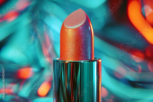 Close-up of glittery lipstick with vibrant neon lights background photo